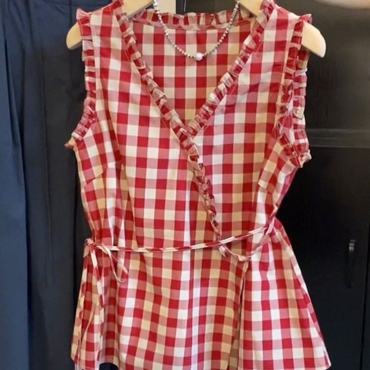 Retro Red Plaid Sleeveless Ves - Corset Waist Cinch ulasan dan harga